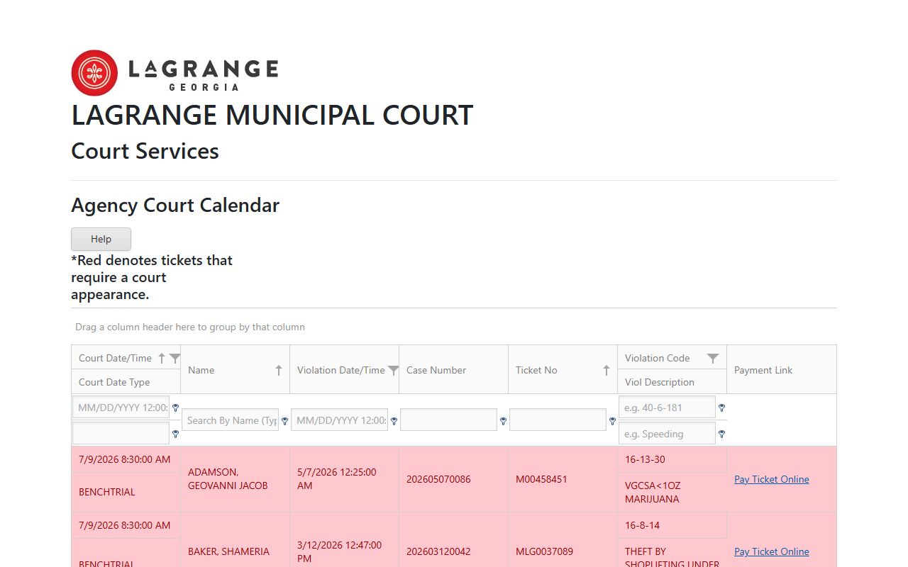 Troup County court dockets LaGrange Municipal Court calendar fields