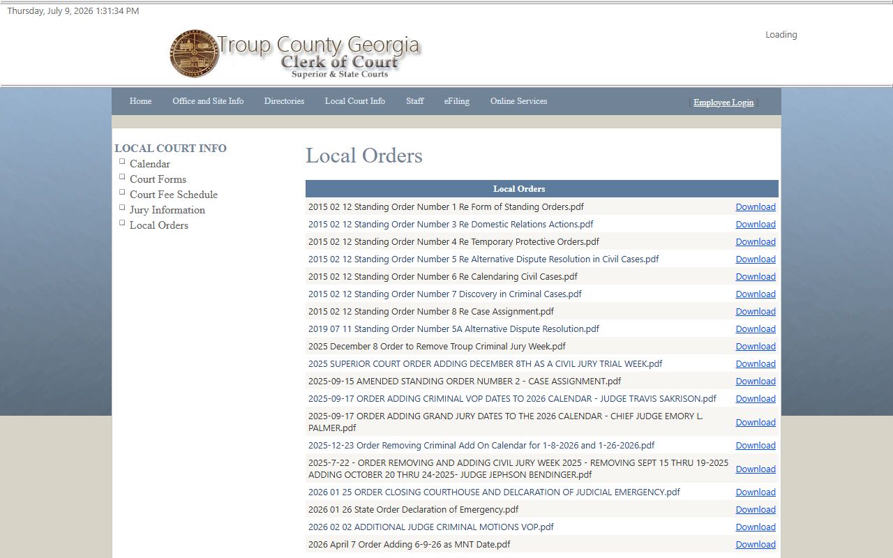 Troup County court dockets local and standing orders page