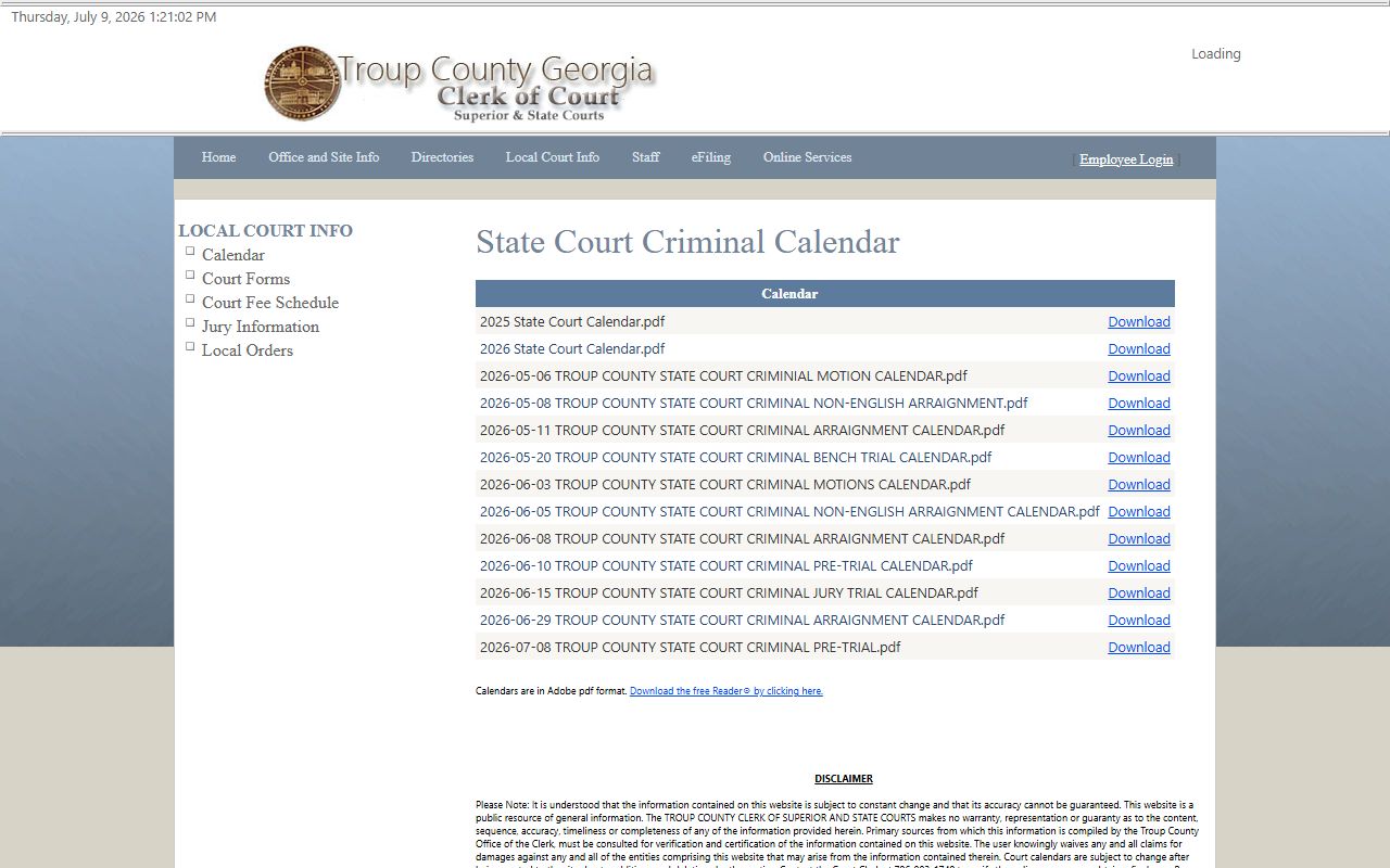Troup County court dockets State Court criminal calendar