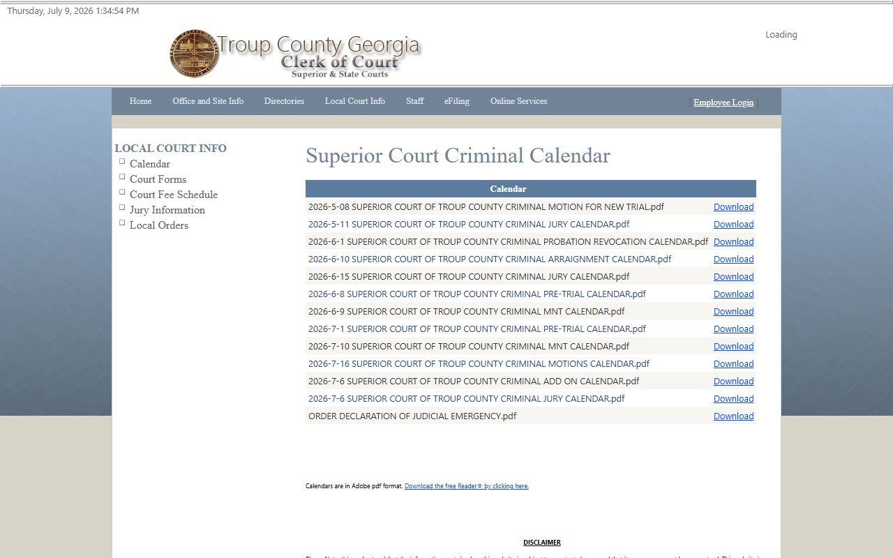 Troup County court dockets Superior Court criminal calendar