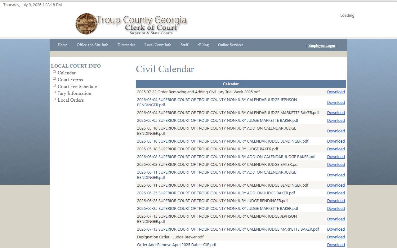 Troup County court dockets Superior Court civil calendar PDFs