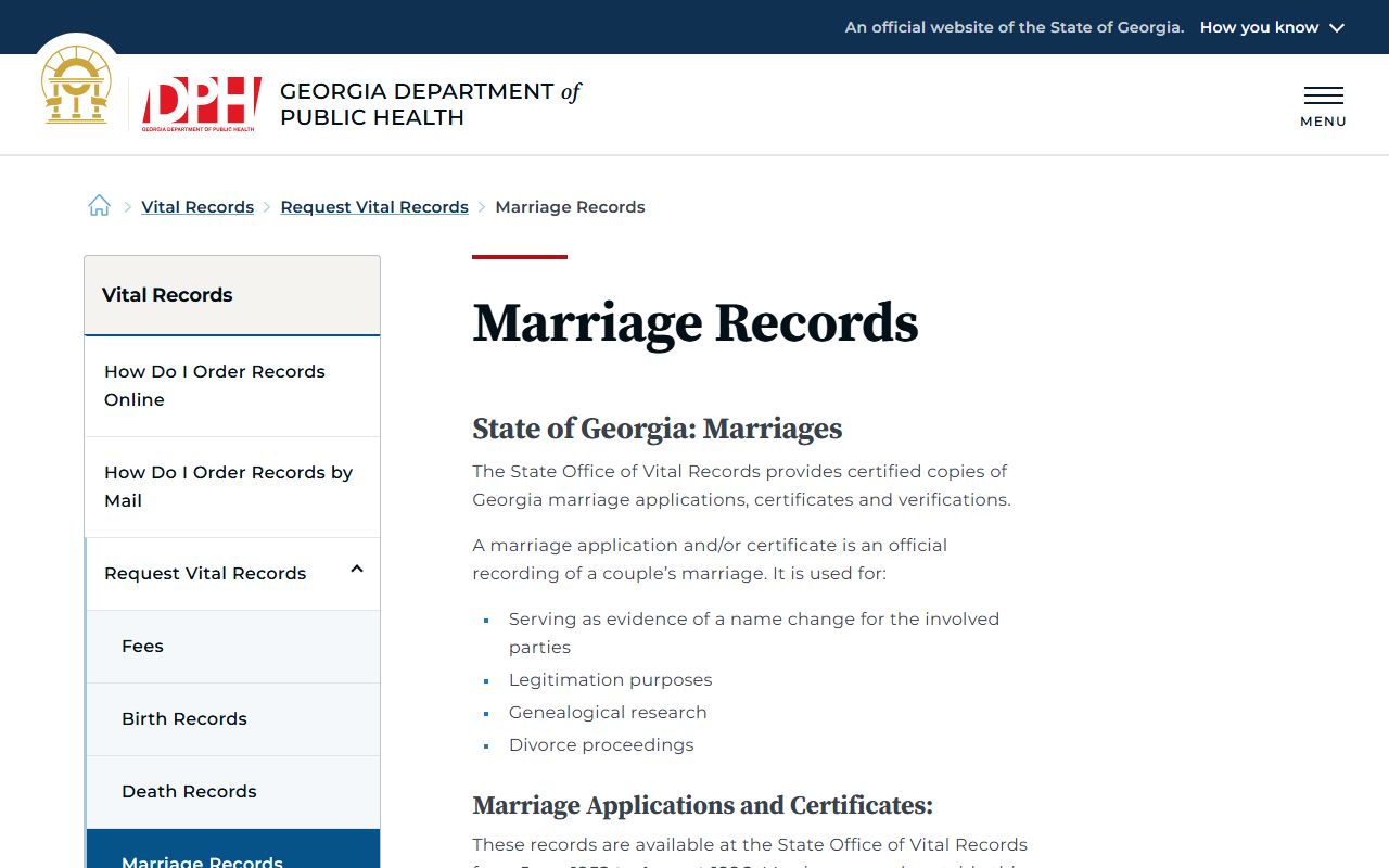 Troup County marriage records Georgia DPH marriage request page
