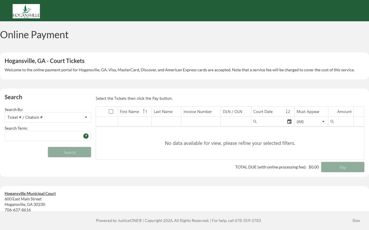 Troup County traffic court records Hogansville JusticeONE ticket portal
