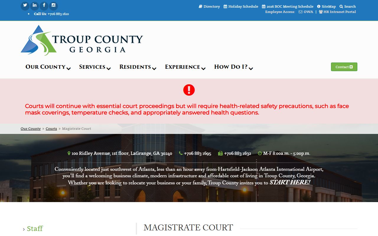 Troup County warrant search Magistrate Court contact page